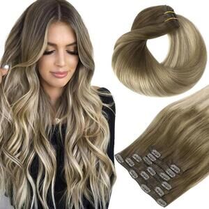 Clip in Hair Extensions Walnut Brown to Ash Brown and Bleach Blonde 18 Inches